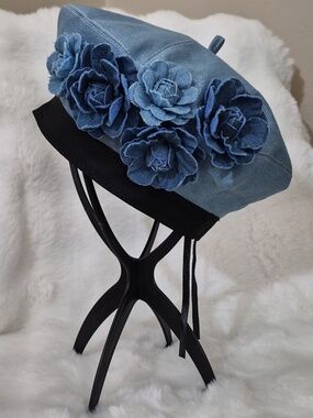 Blue Floral Denim Beret - Women's Accessory